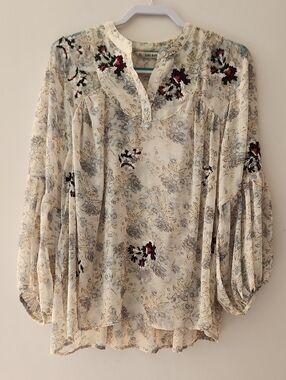 Zara Floral and Niddle Embroidery Sheer  Long-Sleeve Boho Blouse  Size L